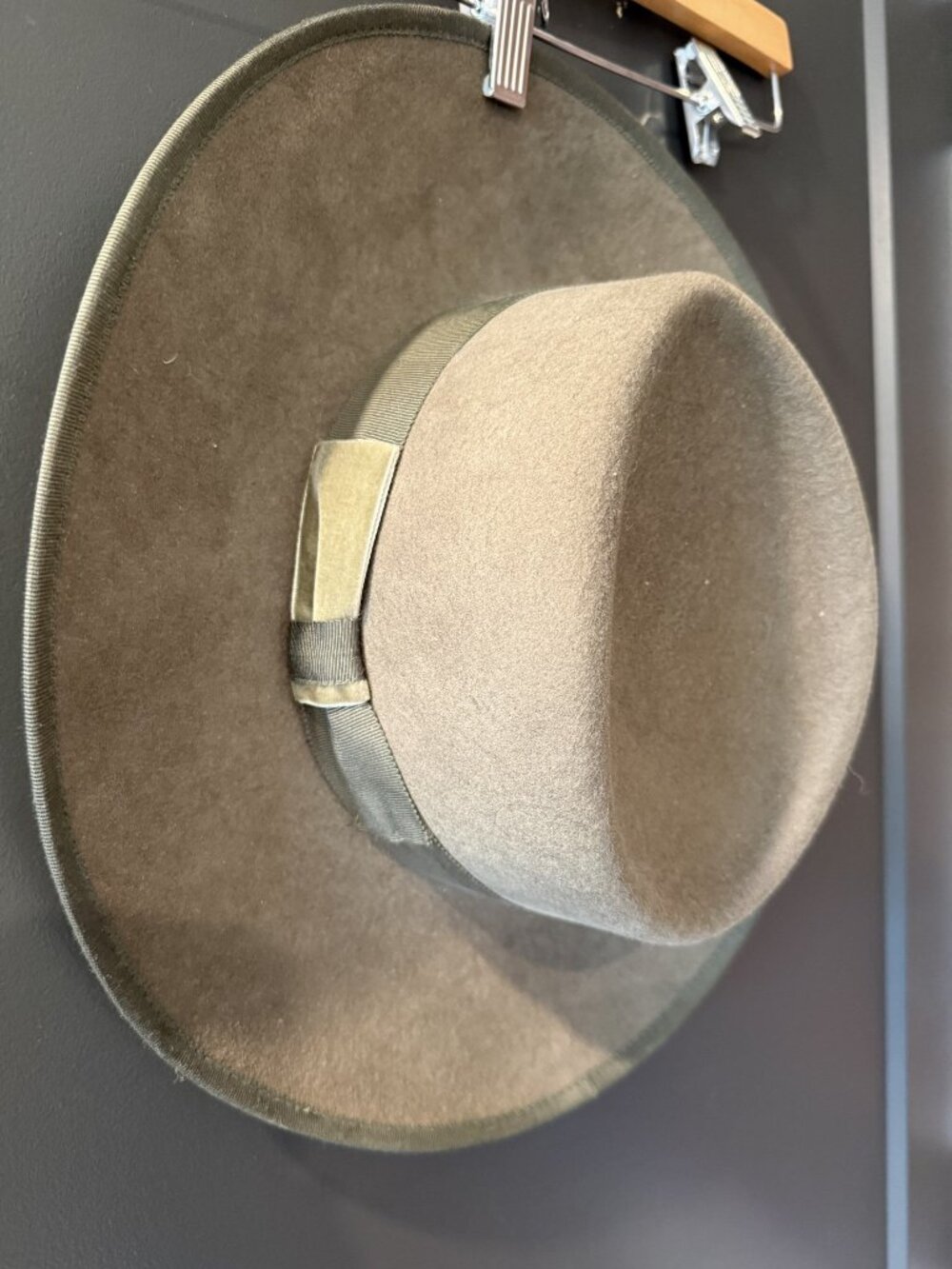 Freya Olive Green Wide-Brim Felt Fedora Gold Buckle